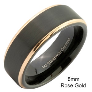 Black Tungsten Carbide Wedding Band Matte Finish with Gold, Rose Gold, Polished and Solid Black Edges Ring. 6mm or 8mm width FREE ENGRAVING 8mm-Rose Gold Edge