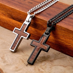 Tungsten Carbide Lapis Lazuli or Wood Inlay Cross Pendant Necklace 5mm thick Stainless Steel Cuban Chain. Free Laser Engraving