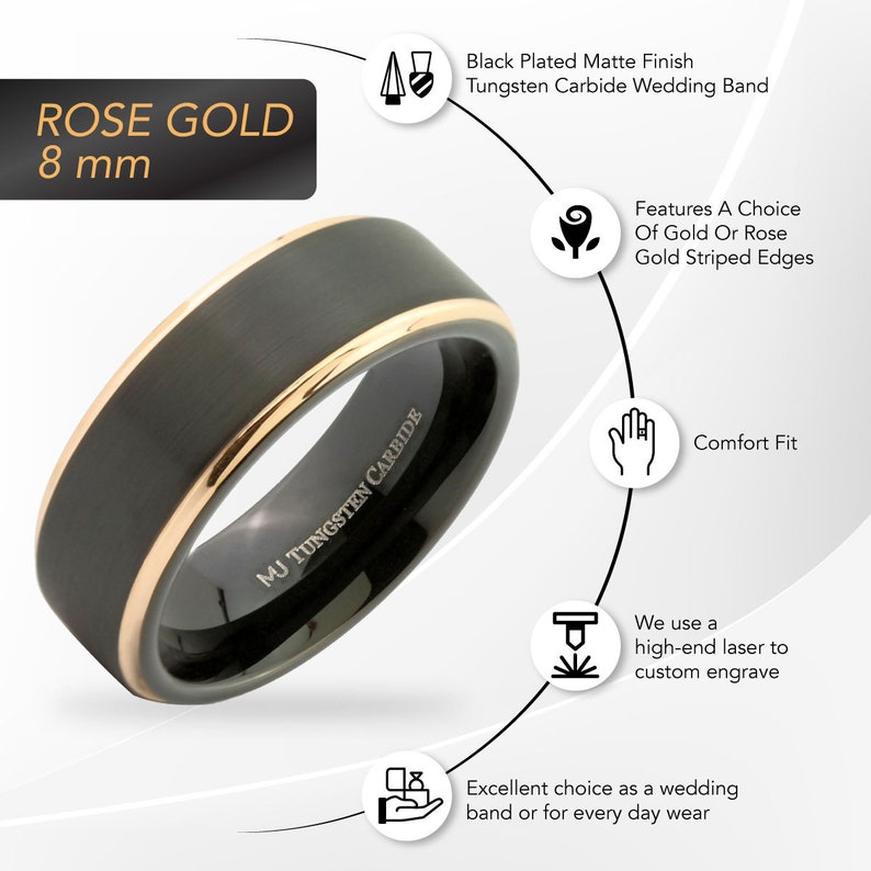 Brushed Black Tungsten Carbide Ring Wedding Band Polished Gold or Rose Gold Edges Comfort Fit Free Engraving image 5