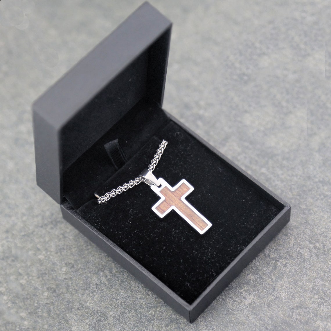 Tungsten Carbide Hawaiian Koa Wood Cross Pendant Necklace Etsy