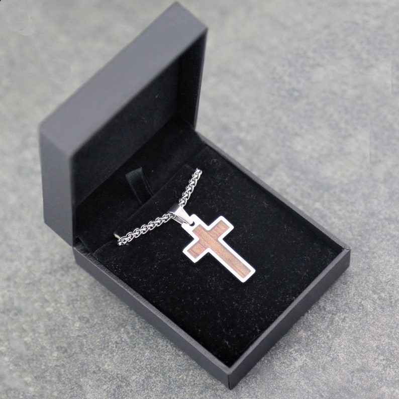 Tungsten Carbide Hawaiian Koa Wood Cross Pendant Necklace Stainless Steel Cuban Chain. Free Laser Engraving image 10