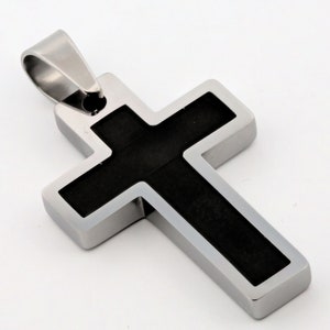 Tungsten Carbide Stone or Shell Inlay Cross Pendant Necklace Stainless Steel Cuban Chain. Free laser engraving. Onyx