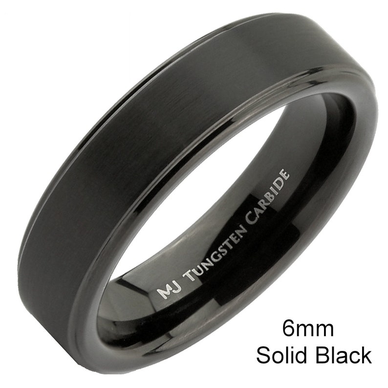 Black Tungsten Carbide Wedding Band Matte Finish with Gold, Rose Gold, Polished and Solid Black Edges Ring. 6mm or 8mm width FREE ENGRAVING 6mm-Solid Black
