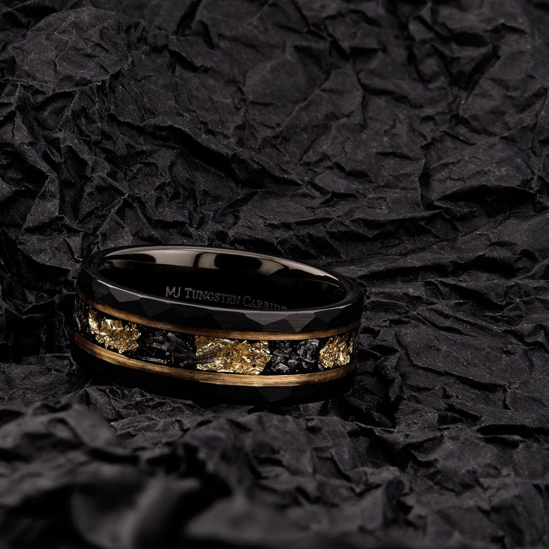 Tungsten Carbide Hammered 8mm Black Plated Wedding Band with Gold Foil Flecks Inlay Ring. FREE LASER ENGRAVING image 10