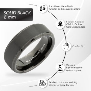 Brushed Tungsten Carbide Ring Wedding Band Polished Solid Black or Silver Edges Comfort Fit Free Engraving image 3