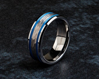 White Tungsten Carbide 8mm Hammered Center with 2 Blue Resin Stripes. Free Inside Laser Engraving. Black Gift Box Included.