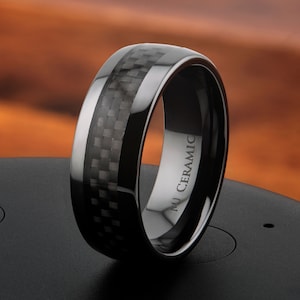 8mm Black Ceramic Carbon Fiber Wedding Band Comfort Fit Ring Flat with Recessed edges or half Dome style image 3