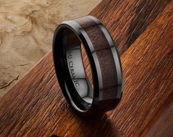 8MM Black Ceramic Wedding Ring Natural Acacia Koa Wood Inlay Comfort Fit