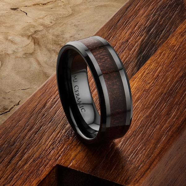 8MM Black Ceramic Wedding Ring Natural Acacia Koa Wood Inlay Comfort Fit