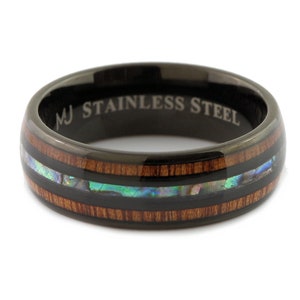 Stainless Steel Black Plated or Polished 6mm or 8mm Real Koa Wood and Abalone Inlay. FREE LASER ENGRAVING image 6