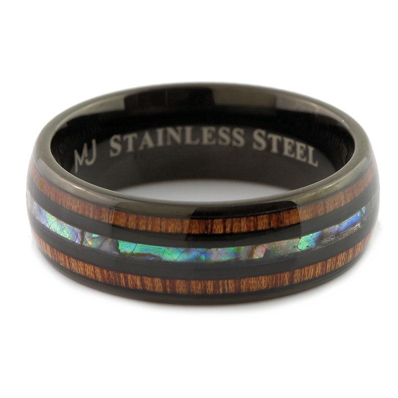 Stainless Steel Black Plated or Polished 6mm or 8mm Real Koa Wood and Abalone Inlay. FREE LASER ENGRAVING image 6