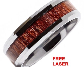 Tungsten Carbide 8mm Rosewood Inlay Wedding Ring. Free Inside Laser Engraving