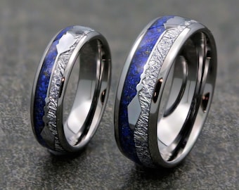 Lapislazuli- und Meteorit-Pfeil-Inlay-Wolframkarbid-Ring, 6 mm oder 8 mm, Ehering aus Roségold oder poliert, wunderschöne blaue Farbe