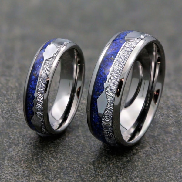 Bague en carbure de tungstène incrusté de flèches lapis-lazuli et météorite 6 mm ou 8 mm Alliance en or rose ou poli Belle couleur bleue