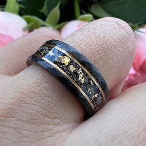 Tungsten Carbide Hammered 8mm Black Plated Wedding Band with Gold Foil Flecks Inlay Ring. FREE LASER ENGRAVING image 1