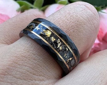 Tungsten Carbide Hammered 8mm Black Plated Wedding Band with Gold Foil Flecks Inlay Ring. FREE LASER ENGRAVING