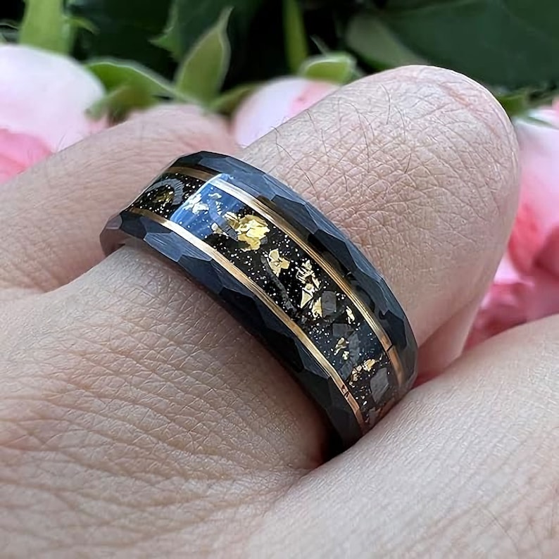 Tungsten Carbide Hammered 8mm Black Plated Wedding Band with Gold Foil Flecks Inlay Ring. FREE LASER ENGRAVING image 1