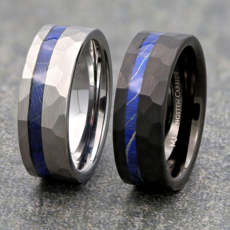 Men's Hammered Brushed Tungsten Carbide Sapphire Blue Wood Inlay Ring 8mm Comfort Fit, Free Engraving image 3