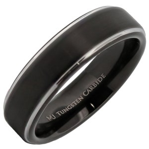 Brushed Tungsten Carbide Ring Wedding Band Polished Solid Black or Silver Edges Comfort Fit Free Engraving Silver 6mm