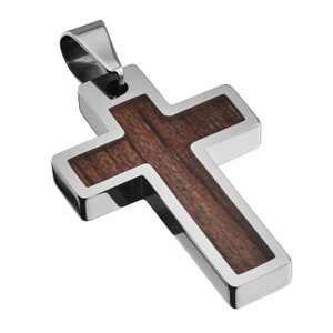 Tungsten Carbide Hawaiian Koa Wood Cross Pendant Necklace Stainless Steel Cuban Chain. Free Laser Engraving Silver