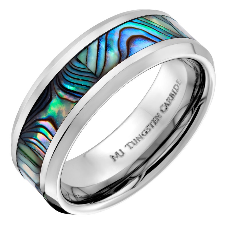 Tungsten Carbide 8mm Abalone Inlay with Recessed Edges Wedding Band Polished Finish Ring. FREE LASER ENGRAVING image 3