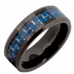 Tungsten Carbide ring 8mm Mirror Polished or Black Plated Wedding Band Blue & White Carbon Fiber Inlay. FRE LASER ENGRAVING Black