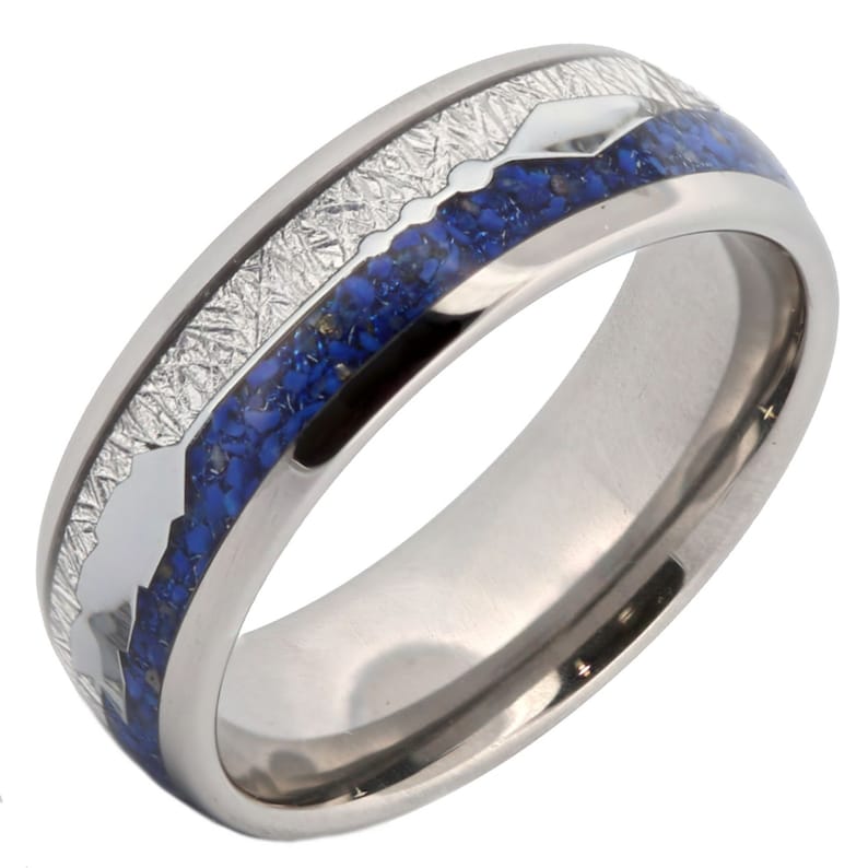 Lapis Lazuli and Meteorite Arrow Inlay Tungsten Carbide Ring 6mm or 8mmRose gold or polished Wedding band Beautiful Blue color image 3