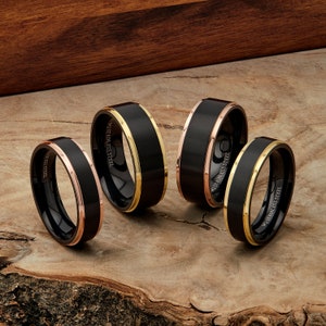 Brushed Black Stainless Steel Ring Wedding Band Polished Gold or Rose Gold Edges Comfort Fit Free Engraving image 1