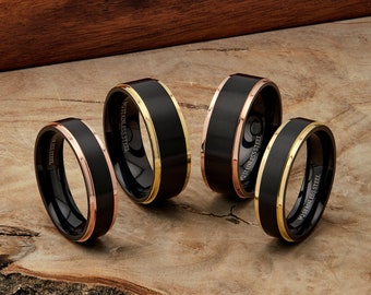 Brushed Black Stainless Steel Ring Wedding Band Polished Gold or Rose Gold Edges Comfort Fit Free Engraving