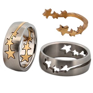 Stainless Steel Gold Stars Puzzle Ring 2 parts 8mm Brushed ring polished stars imagem 5