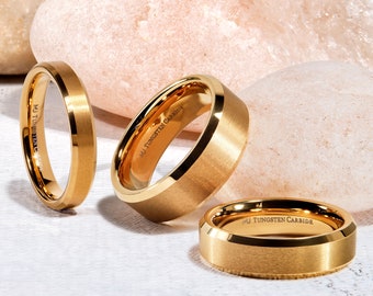 6mm or 8mm Brushed Gold Plated Tungsten Carbide Band Ring. Select from Flat or Grooved Center or Black Plated Band Design