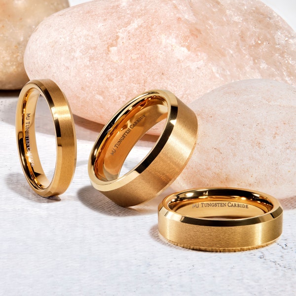 6mm or 8mm Brushed Gold Plated Tungsten Carbide Band Ring. Select from Flat or Grooved Center or Black Plated Band Design