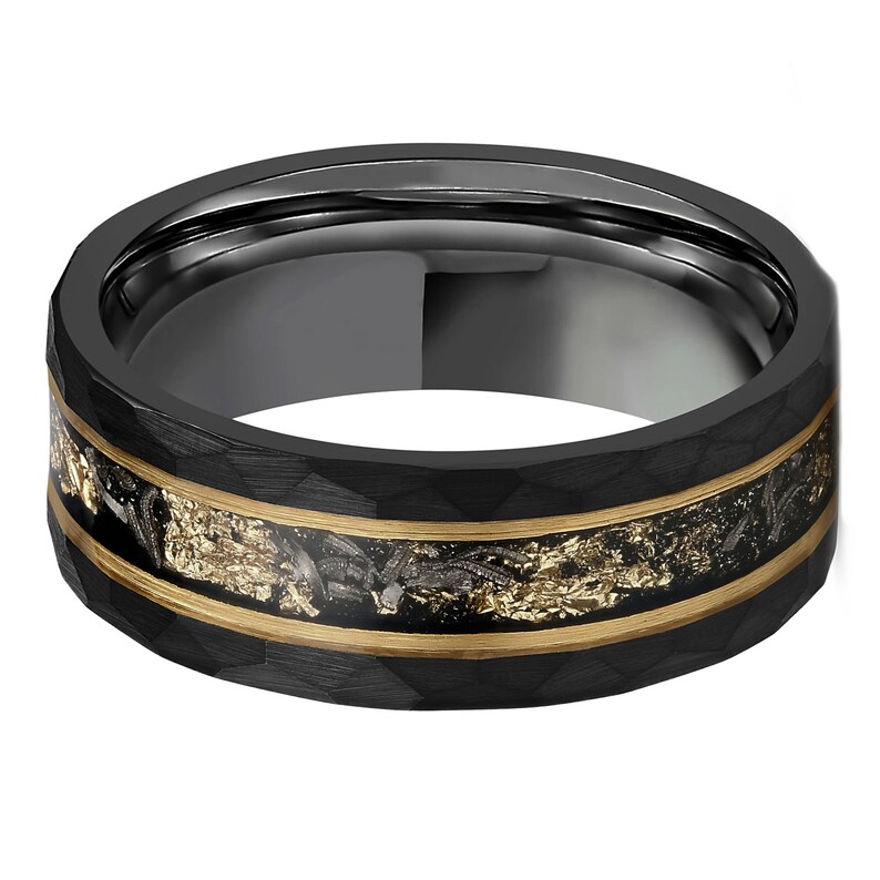 Tungsten Carbide Hammered 8mm Black Plated Wedding Band with Gold Foil Flecks Inlay Ring. FREE LASER ENGRAVING image 8