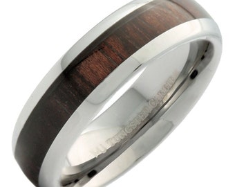 Tungsten Carbide Wedding Band 6mm or 8mm Dark Wood Inlay Ring.