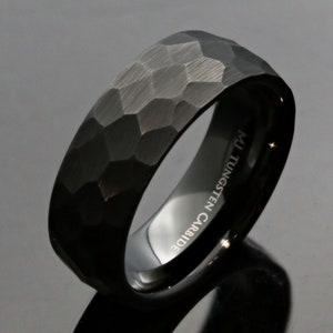 Tungsten Carbide 8mm Hammered Gold Plated or Black Obsidian Style Wedding Band, Comfort Fit, Laser Engraving included image 1