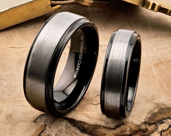 6 or 8mm Brushed Tungsten Carbide Wedding Band Plated Black Ring. Free Inside Laser Engraving