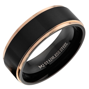 Brushed Black Stainless Steel Ring Wedding Band Polished Gold or Rose Gold Edges Comfort Fit Free Engraving Rose Gold 8mm