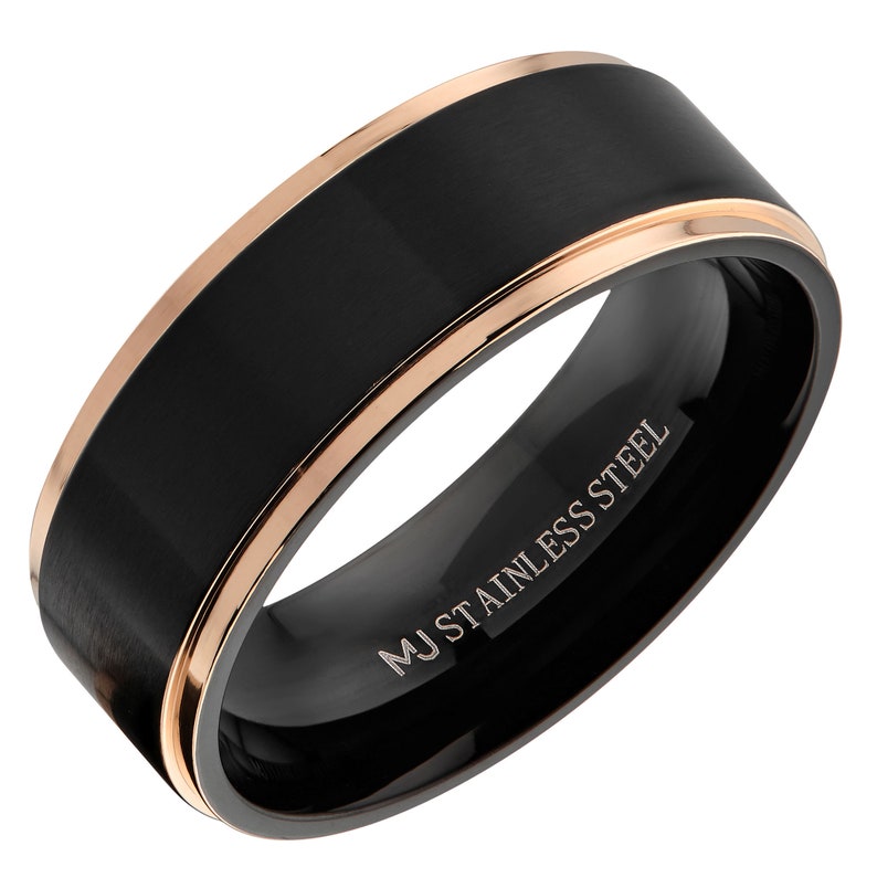 Brushed Black Stainless Steel Ring Wedding Band Polished Gold or Rose Gold Edges Comfort Fit Free Engraving Rose Gold 8mm