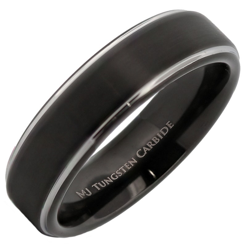 Black Tungsten Carbide Wedding Band Matte Finish with Gold, Rose Gold, Polished and Solid Black Edges Ring. 6mm or 8mm width FREE ENGRAVING 6mm-Silver Edge