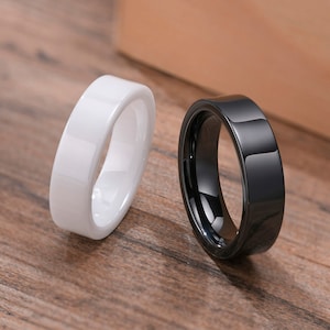 Black or White Ceramic 4, 6, 8 or 10mm widths Wedding Band Flat Pipe Cut High Polished Ring. Popular choice!!