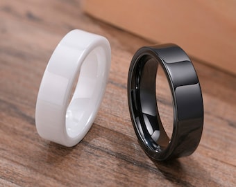 Black or White Ceramic 4, 6, 8 or 10mm widths Wedding Band Flat Pipe Cut High Polished Ring. Popular choice!!