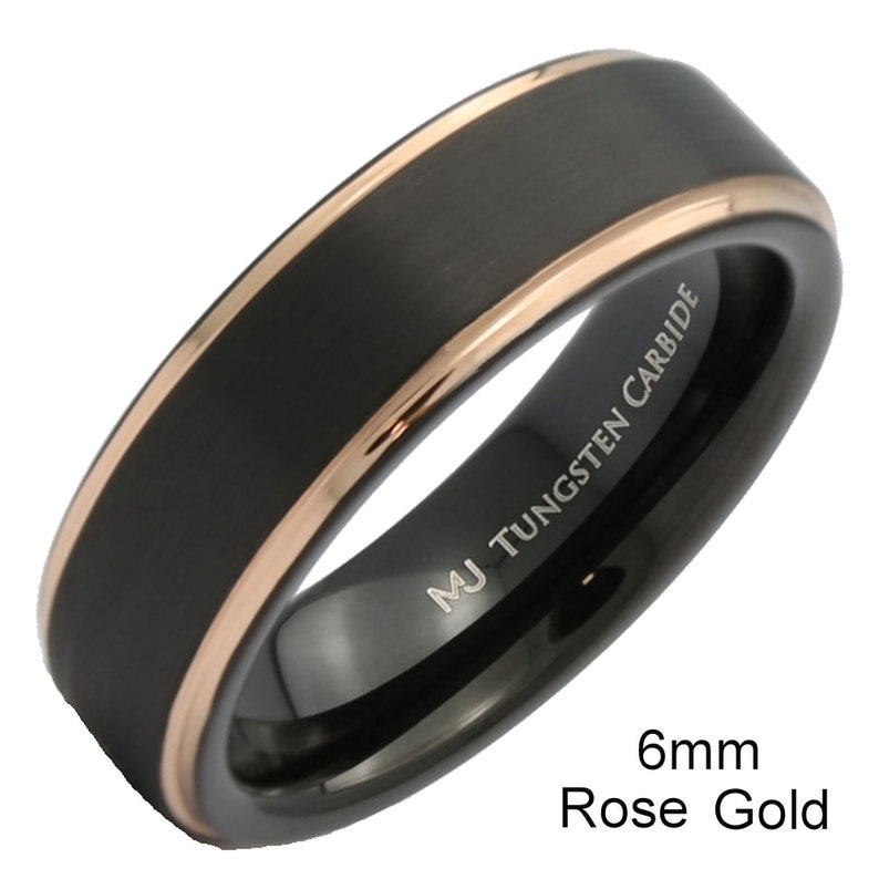 Brushed Black Tungsten Carbide Ring Wedding Band Polished Gold or Rose Gold Edges Comfort Fit Free Engraving image 8