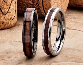 Tungsten Carbide 4mm Black Plated or Polished Koa Wood Inlay Wedding Ring Comfort Fit. Free Inside Laser Engraving