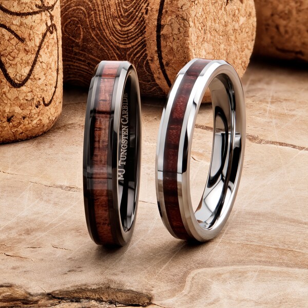 Tungsten Carbide 4mm Black Plated or Polished Koa Wood Inlay Wedding Ring Comfort Fit. Free Inside Laser Engraving