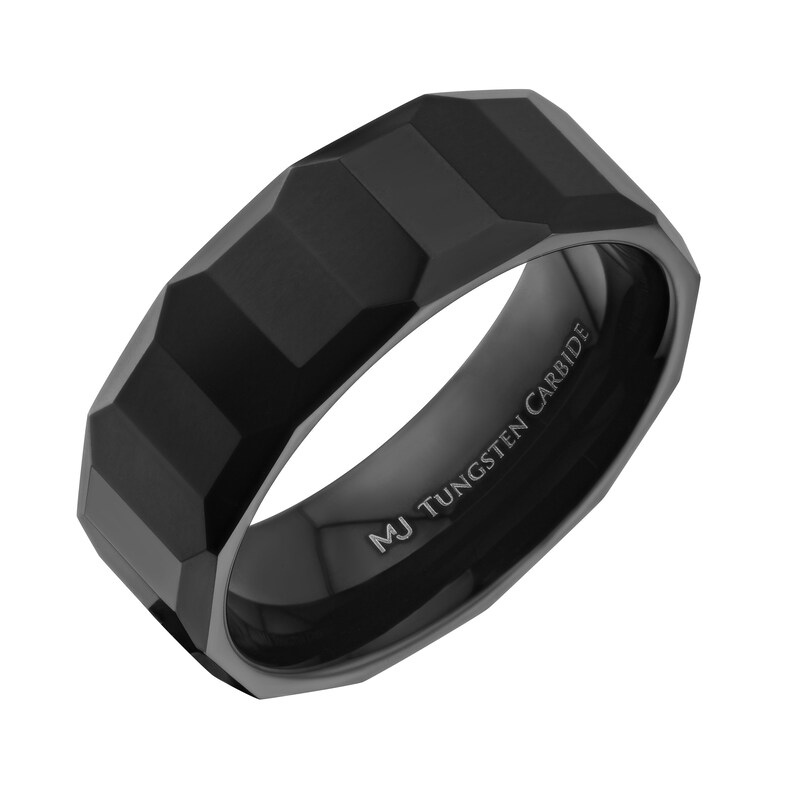 Black Plated Tungsten Carbide Ring with Geometric Multi Faceted Design 8mm width. Free Laser Engraving image 2
