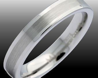 White Tungsten Carbide Brushed Center Flat Pipe Wedding Band 4mm Ring. Free Laser Engraving.
