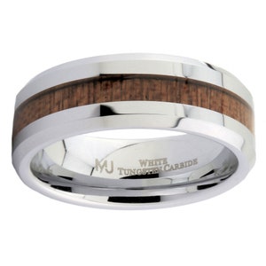 White or Black Tungsten Carbide 8mm Wedding Band with Real Koa Wood Inlay. FREE LASER ENGRAVING image 5