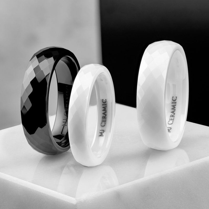 Honeycomb Faceted Ceramic Rings Black or White Comfort fit New Samples Limited avail image 1
