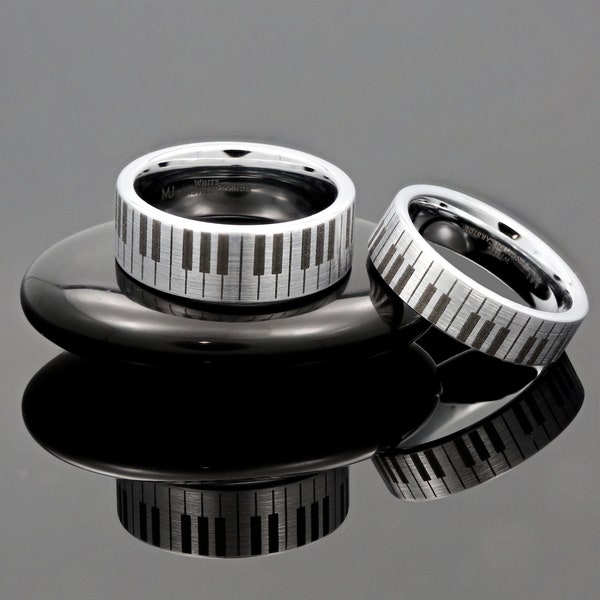 Weiß Hartmetall Klavier Tastatur Ring Hochzeitsband polierten Kanten Ring. Ringbox enthalten. Kostenlose Innen Lasergravur 6mm oder 8mm