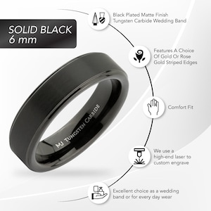 Brushed Tungsten Carbide Ring Wedding Band Polished Solid Black or Silver Edges Comfort Fit Free Engraving Black 6mm